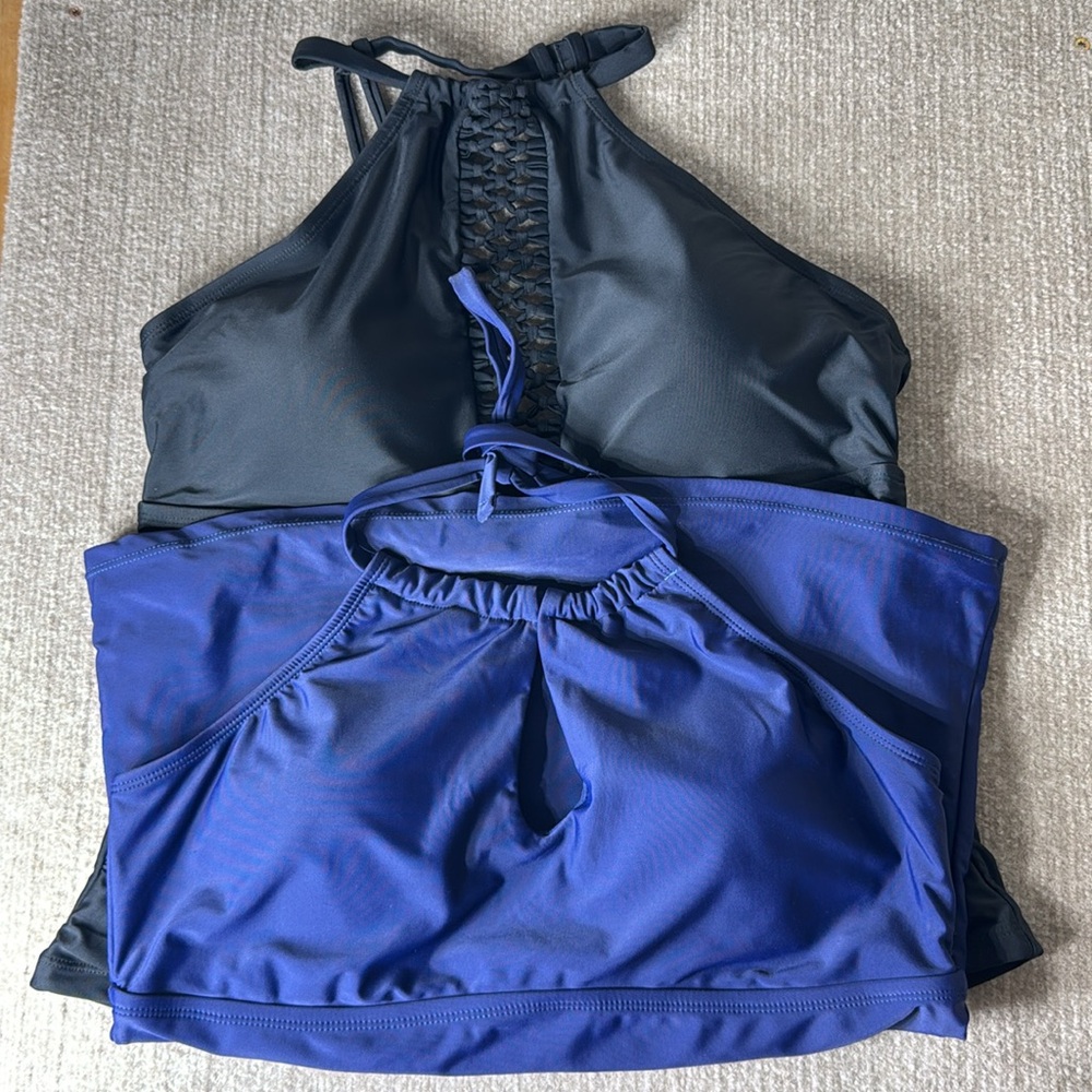 Swim Top Bundle - (1) Navy Blue Island Waves (1) Black Love My Curves Size 14